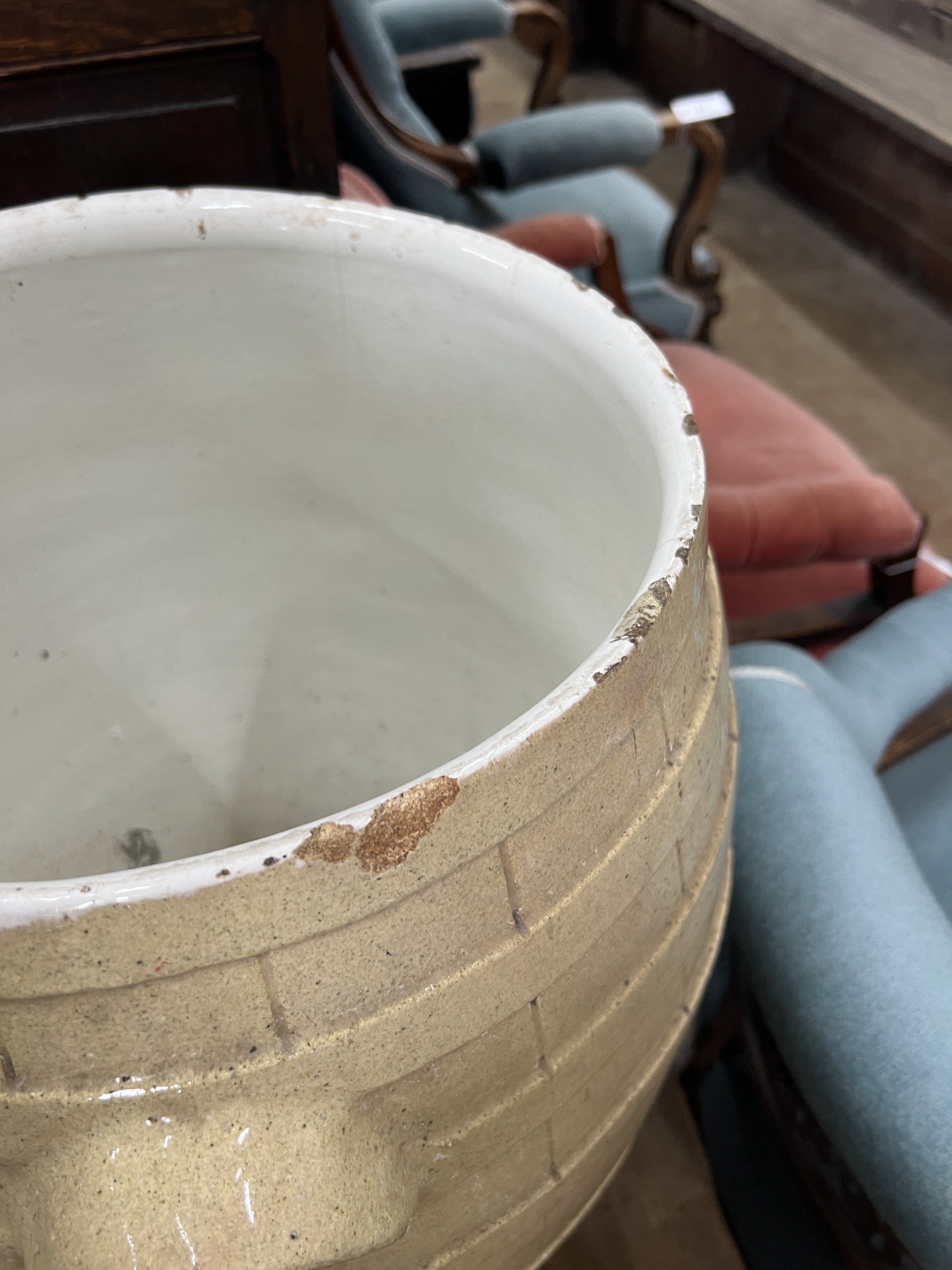 Two Victorian glazed earthenware bread barrels, diameter 42cm, height 53cm